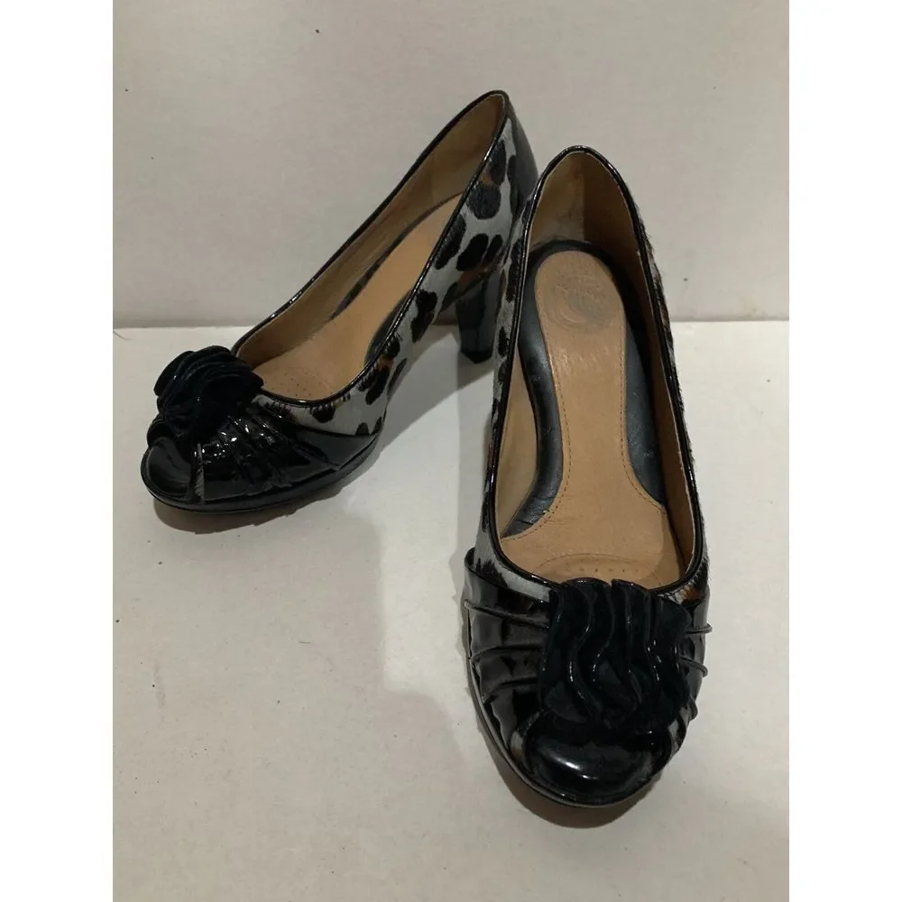 Nurture Womens Rosalind Black Leopard Pony Hair Leather Bow Heels Shoes 6 1/2‎